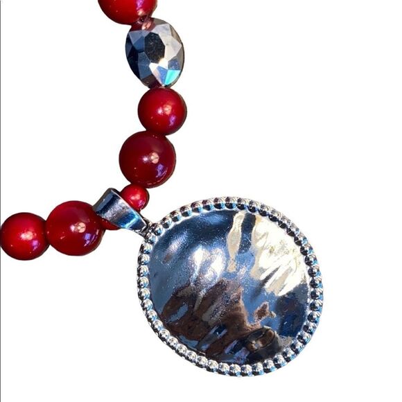 JULES B Silver-Tone Pendant and Red Acrylic Beaded Necklace - Picture 3 of 6